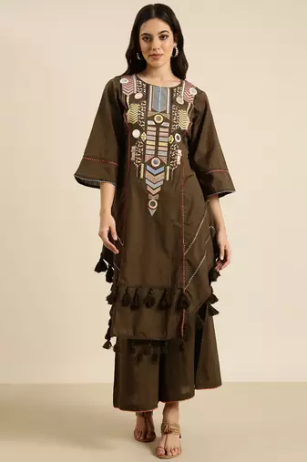 women's round neck solid olive a-line kurta and palazzos
