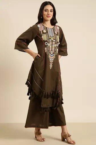 women's round neck solid olive a-line kurta and palazzos