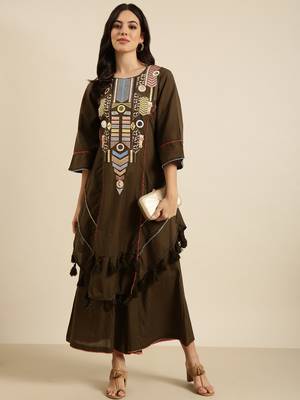 women's round neck solid olive a-line kurta and palazzos 4