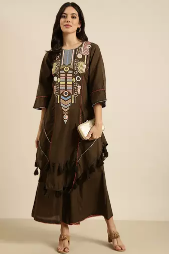 women's round neck solid olive a-line kurta and palazzos