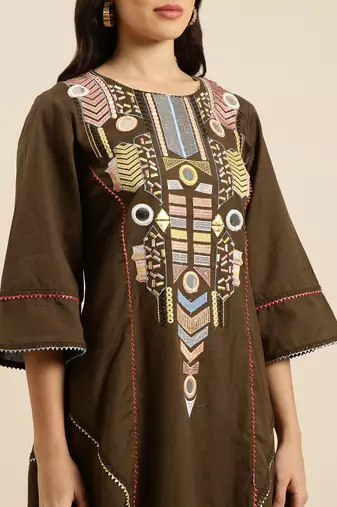 women's round neck solid olive a-line kurta and palazzos