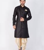 Black Cotton Blend Sherwani Set