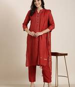 women's mandarin collar striped red straight kurta and trouser with dupatta
