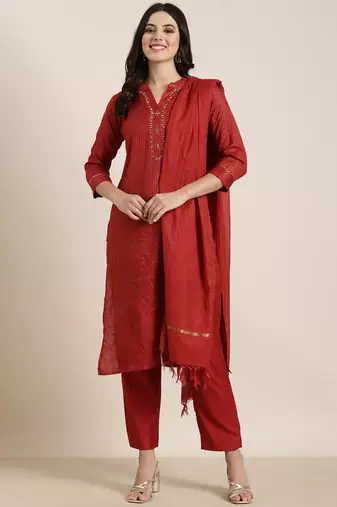 women's mandarin collar striped red straight kurta and trouser with dupatta