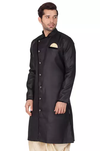 Black Cotton Blend Sherwani Set