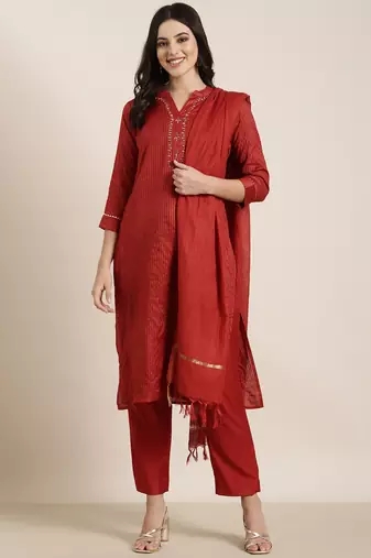 women's mandarin collar striped red straight kurta and trouser with dupatta