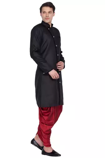 Black Cotton Blend Sherwani Set
