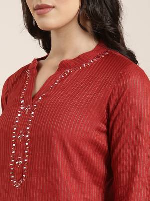 women's mandarin collar striped red straight kurta and trouser with dupatta 5