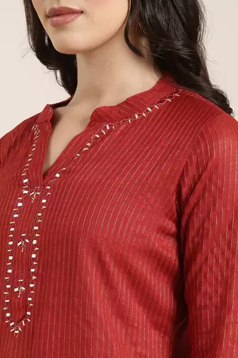 women's mandarin collar striped red straight kurta and trouser with dupatta