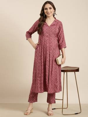 women's shirt collar ethnic motifs foil print pink a-line kurta and trouser 1