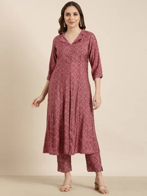women's shirt collar ethnic motifs foil print pink a-line kurta and trouser 2