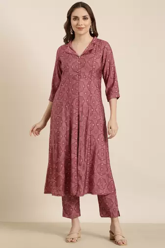 women's shirt collar ethnic motifs foil print pink a-line kurta and trouser