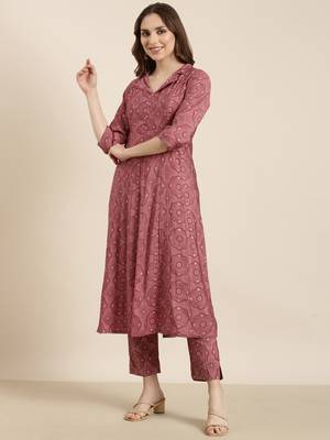 women's shirt collar ethnic motifs foil print pink a-line kurta and trouser 3