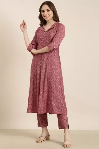 women's shirt collar ethnic motifs foil print pink a-line kurta and trouser