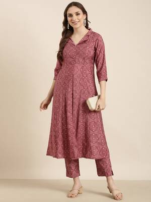 women's shirt collar ethnic motifs foil print pink a-line kurta and trouser 4