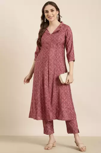 women's shirt collar ethnic motifs foil print pink a-line kurta and trouser