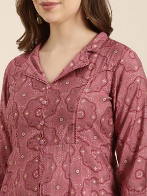 women's shirt collar ethnic motifs foil print pink a-line kurta and trouser 5