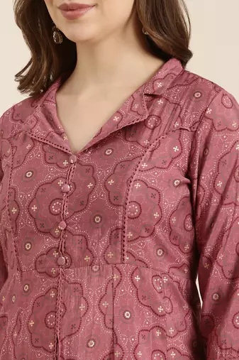 women's shirt collar ethnic motifs foil print pink a-line kurta and trouser