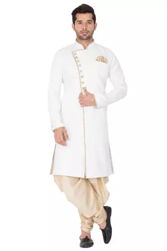 Men'S White Cotton Blend Sherwani Set