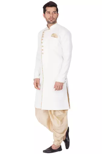 Men'S White Cotton Blend Sherwani Set