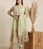 Showoff women's round neck ethnic motifs green anarkali kurta and trouser with dupatta