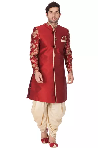 Maroon Silk Blend Sherwani Set