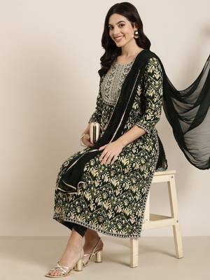 women's round neck ethnic motifs foil print green a-line kurta and trouser with dupatta 1