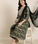 women's round neck ethnic motifs foil print green a-line kurta and trouser with dupatta