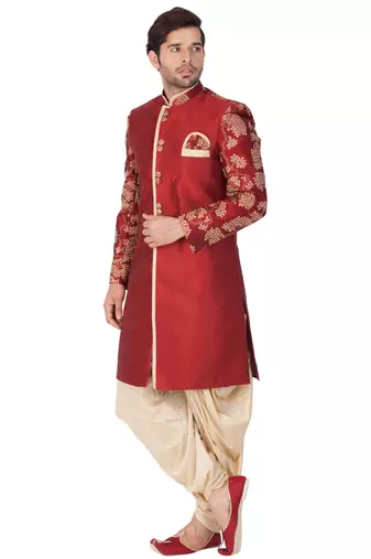 Maroon Silk Blend Sherwani Set