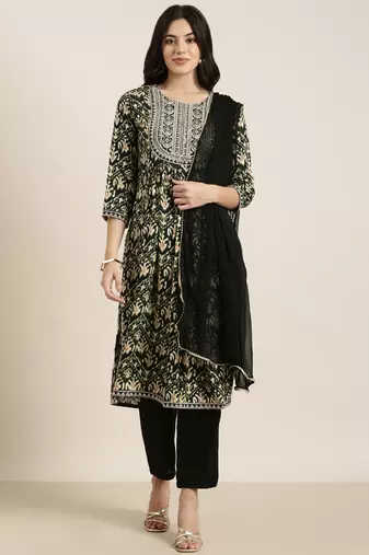 women's round neck ethnic motifs foil print green a-line kurta and trouser with dupatta