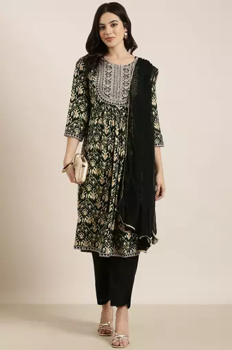 women's round neck ethnic motifs foil print green a-line kurta and trouser with dupatta