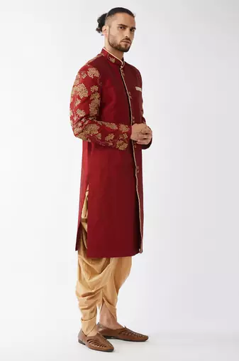 Maroon Silk Blend Sherwani Set