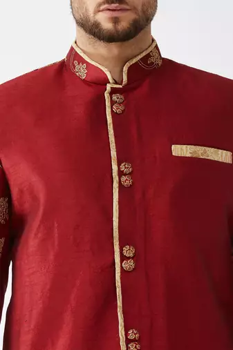 Maroon Silk Blend Sherwani Set