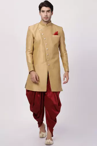 Beige Silk Blend Sherwani Set