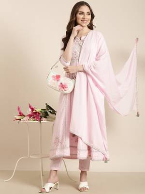 women's round neck floral pink anarkali kurta and trouser with dupatta 1