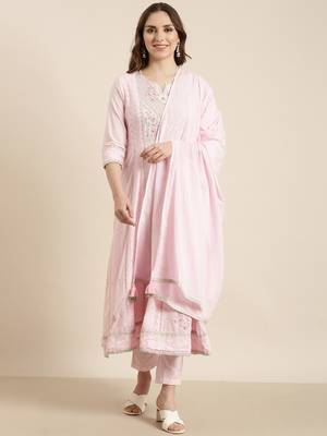 women's round neck floral pink anarkali kurta and trouser with dupatta 2