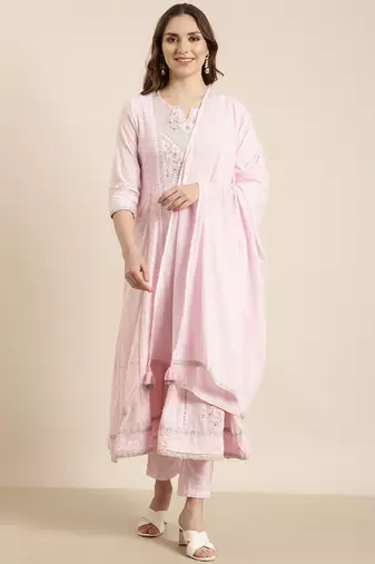 women's round neck floral pink anarkali kurta and trouser with dupatta