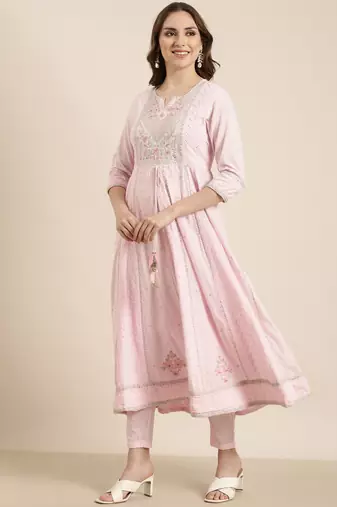 women's round neck floral pink anarkali kurta and trouser with dupatta