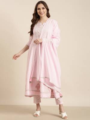 women's round neck floral pink anarkali kurta and trouser with dupatta 4
