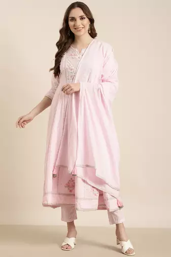 women's round neck floral pink anarkali kurta and trouser with dupatta
