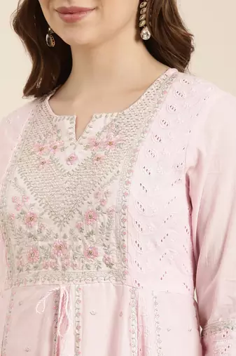 women's round neck floral pink anarkali kurta and trouser with dupatta