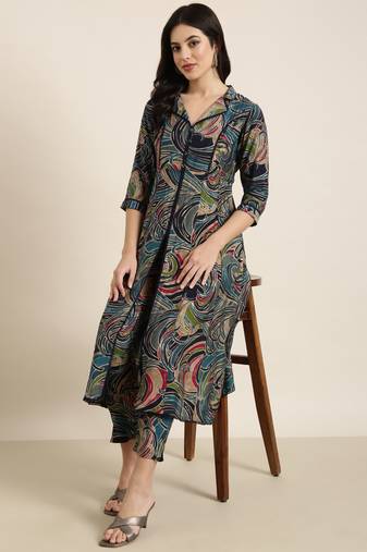 Showoff women's shirt collar abstract foil print teal a-line kurta and trouser