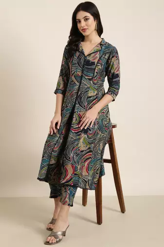 Showoff women's shirt collar abstract foil print teal a-line kurta and trouser