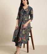 Showoff women's shirt collar abstract foil print teal a-line kurta and trouser