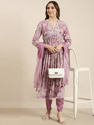 women's v-neck floral foil print lavender anarkali kurta and trouser with dupatta 1