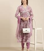 women's v-neck floral foil print lavender anarkali kurta and trouser with dupatta