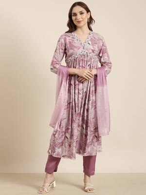 women's v-neck floral foil print lavender anarkali kurta and trouser with dupatta 2