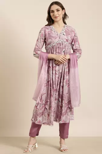 women's v-neck floral foil print lavender anarkali kurta and trouser with dupatta