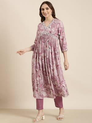 women's v-neck floral foil print lavender anarkali kurta and trouser with dupatta 3
