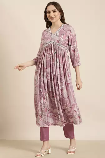 women's v-neck floral foil print lavender anarkali kurta and trouser with dupatta